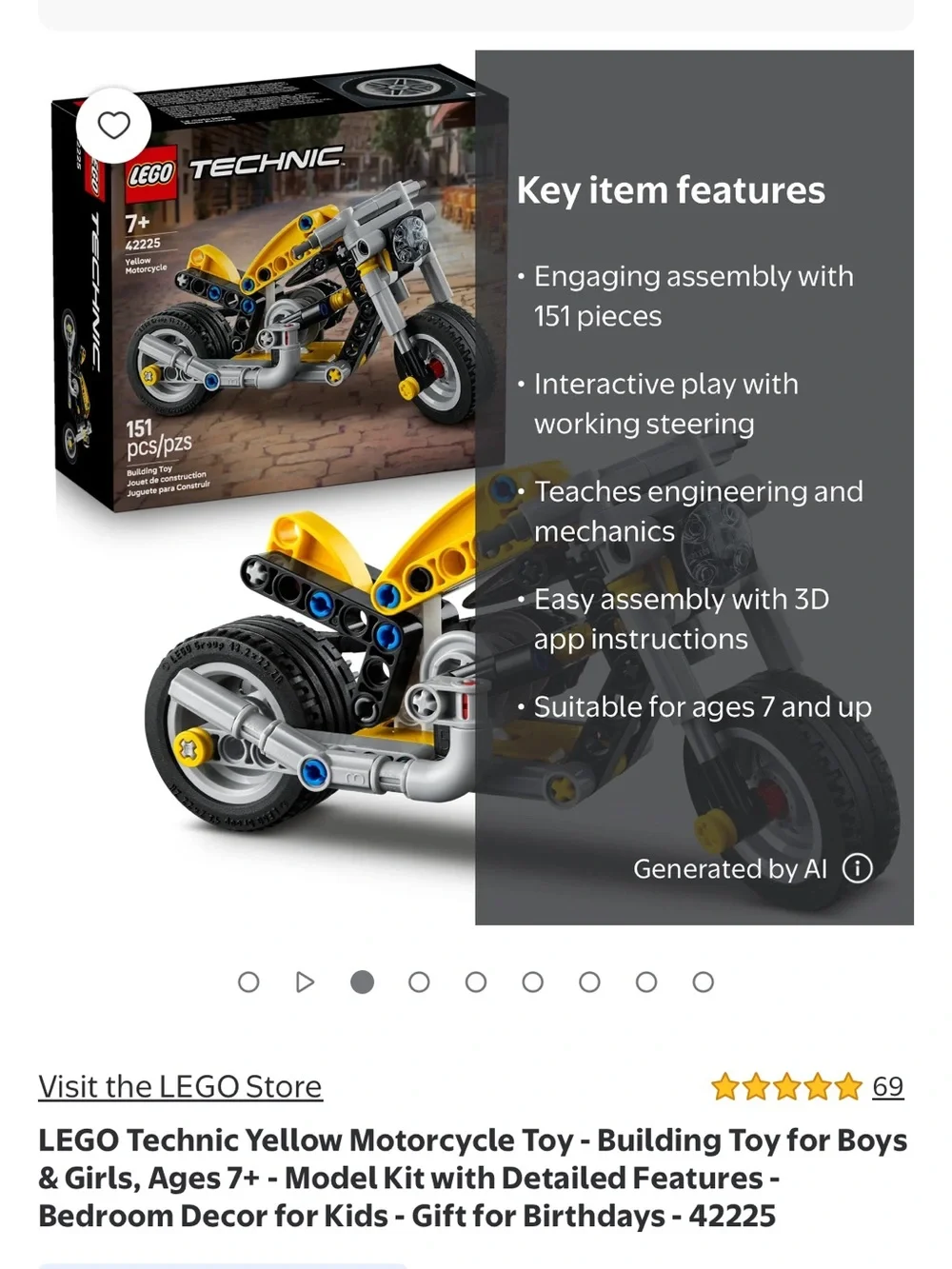 Lego Technic Yellow and Gray Motorcycle Model 42225 COLLECTIBLES